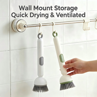 Multi‑functional long‑handle liquid‑dispensing pot brush—household, rotatable, with a press‑to‑dispense feature for dishwashing; keeps your hands oil‑free and protects your pots.