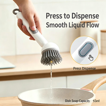 Multi‑functional long‑handle liquid‑dispensing pot brush—household, rotatable, with a press‑to‑dispense feature for dishwashing; keeps your hands oil‑free and protects your pots.