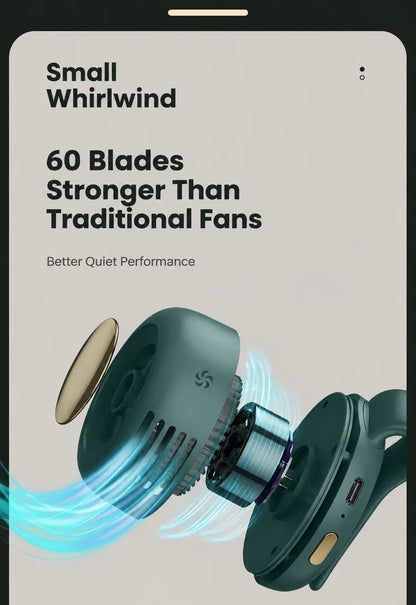 3-in-1 Mini Cyclone Bladeless Fan | Portable Neck & Waist-Mountable USB Rechargeable Fan