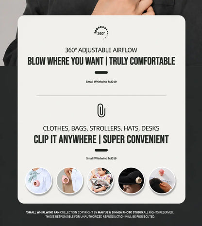 3-in-1 Mini Cyclone Bladeless Fan | Portable Neck & Waist-Mountable USB Rechargeable Fan