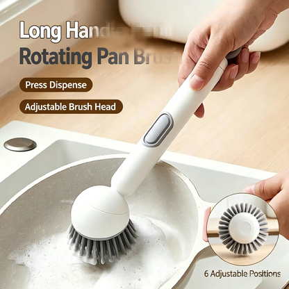 Multi‑functional long‑handle liquid‑dispensing pot brush—household, rotatable, with a press‑to‑dispense feature for dishwashing; keeps your hands oil‑free and protects your pots.